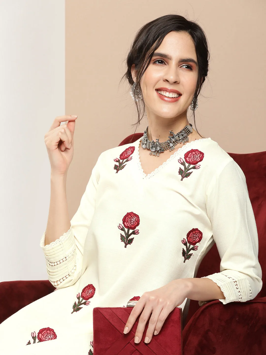 Off White Embroidered Kurta With Off White Solid Palazzos.