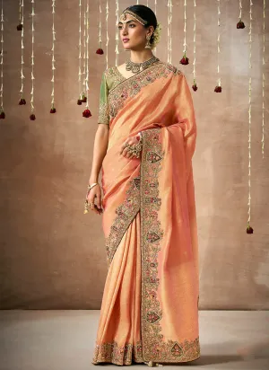 Orange And Green Multi Embroidery Tissue Silk Saree