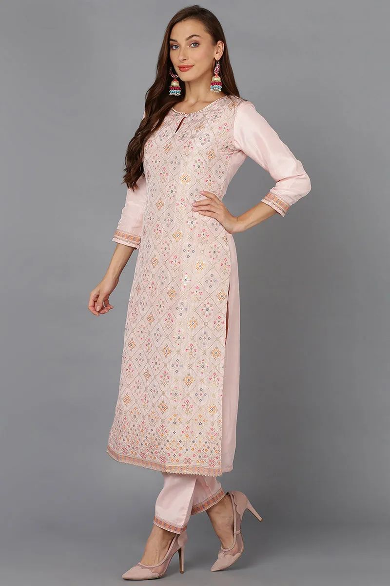 Pink Silk Blend Ethnic Motifs Straight Suit Set