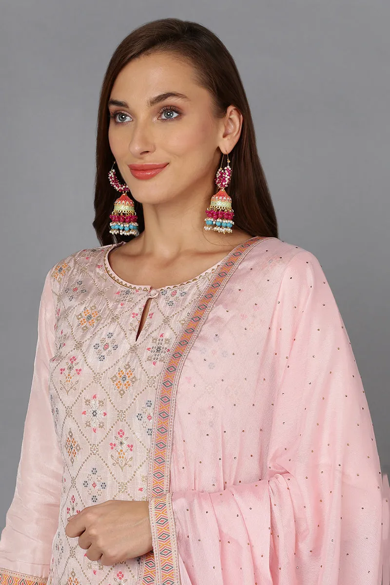 Pink Silk Blend Ethnic Motifs Straight Suit Set