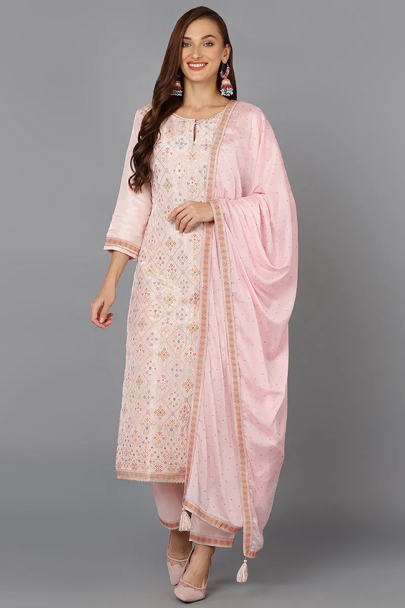 Pink Silk Blend Ethnic Motifs Straight Suit Set