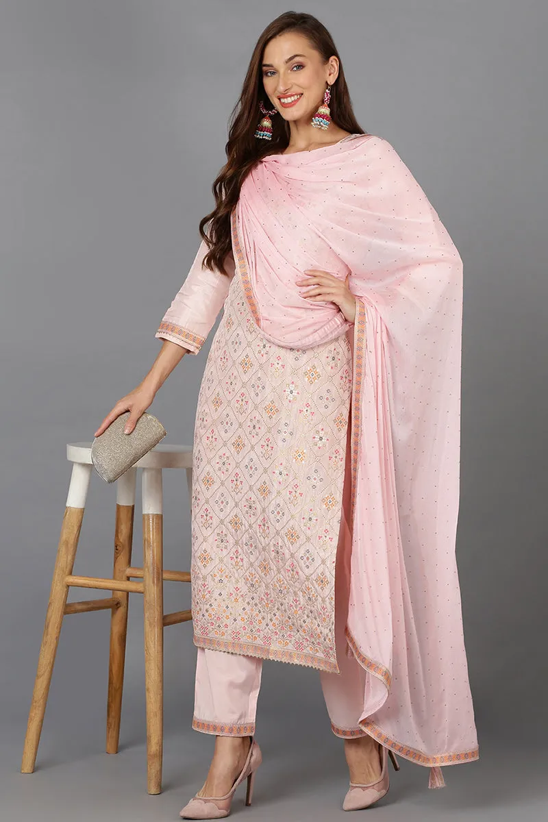 Pink Silk Blend Ethnic Motifs Straight Suit Set