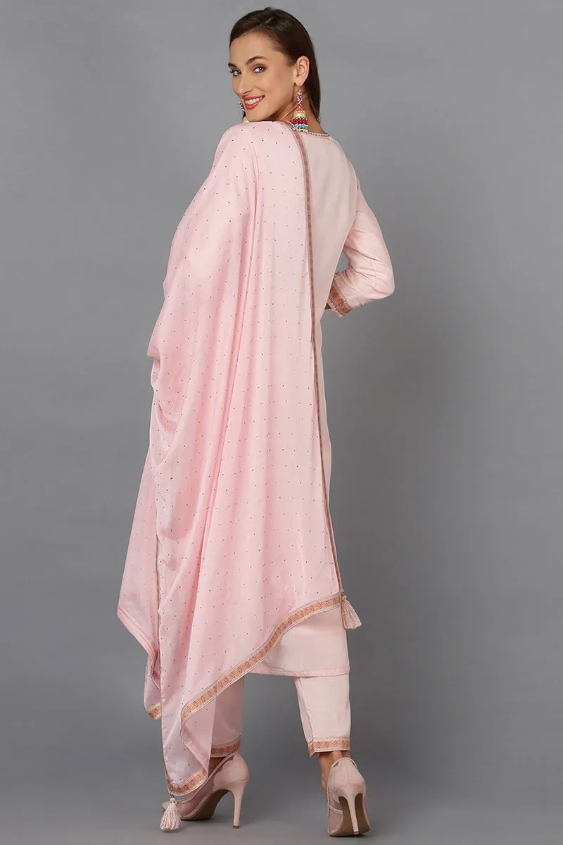 Pink Silk Blend Ethnic Motifs Straight Suit Set