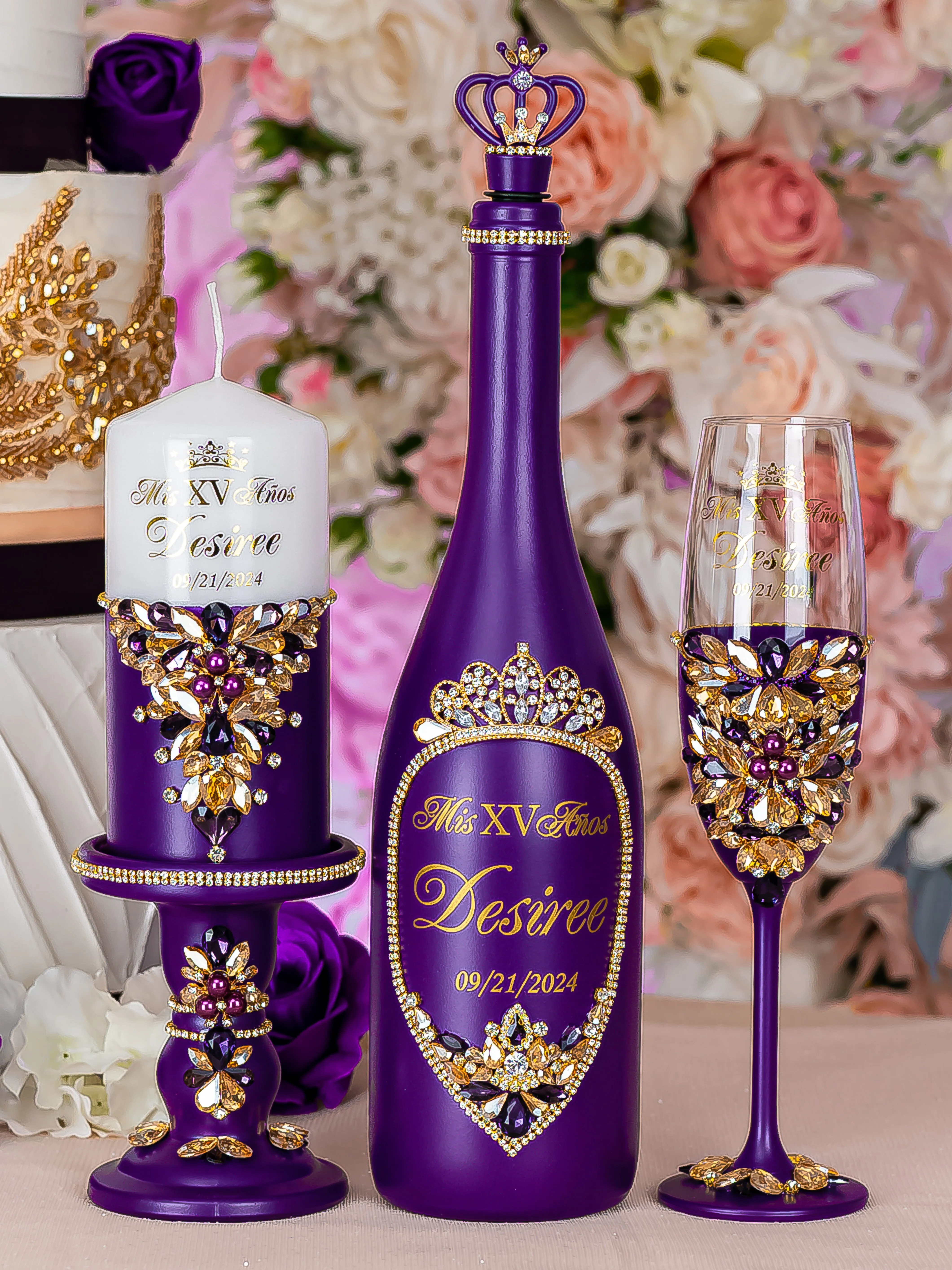 Purple Gold quinceanera cake knife set with 2 glasses