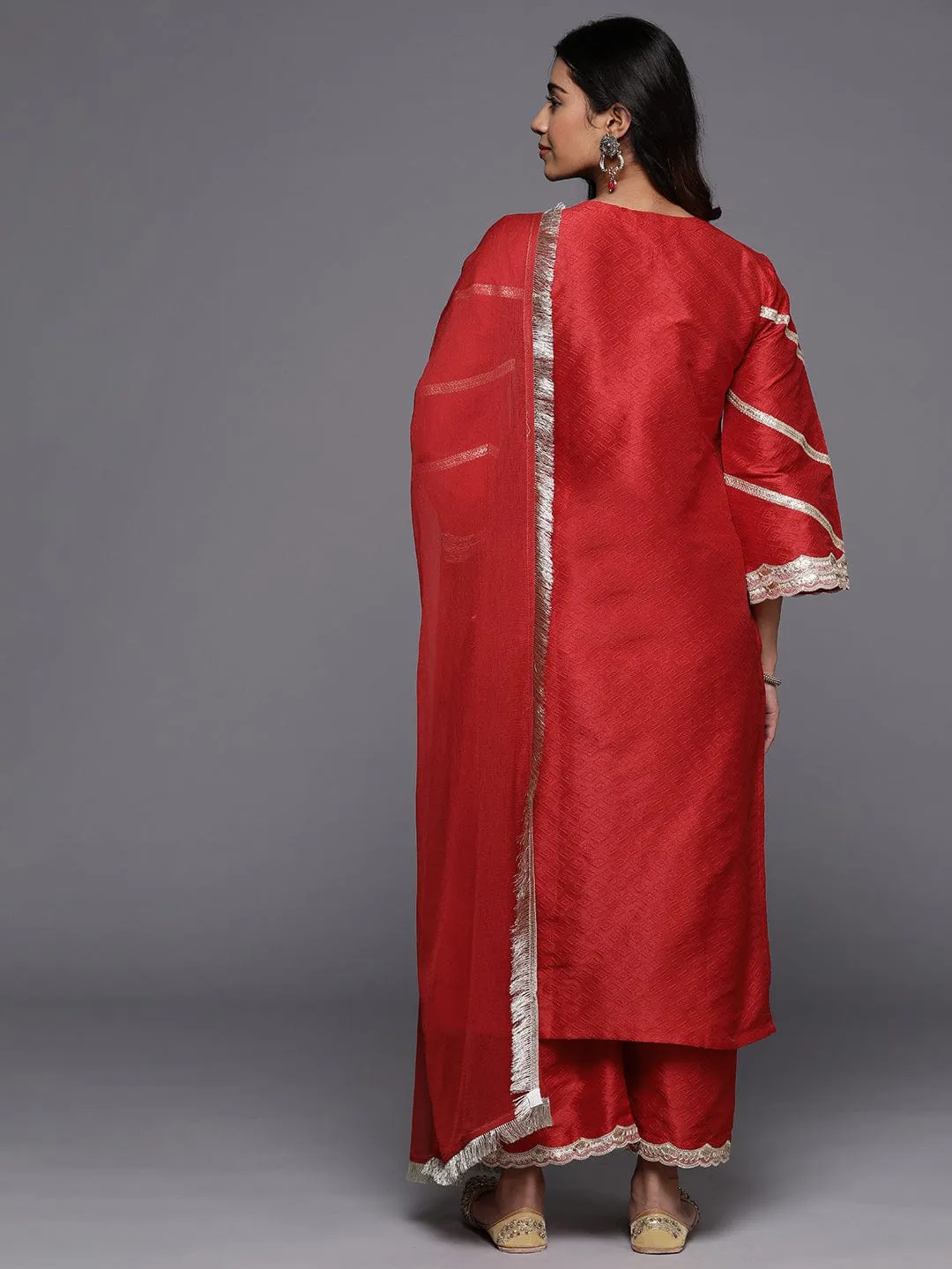 Red Embroidered Silk Suit Set With Dupatta