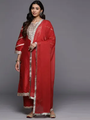 Red Embroidered Silk Suit Set With Dupatta