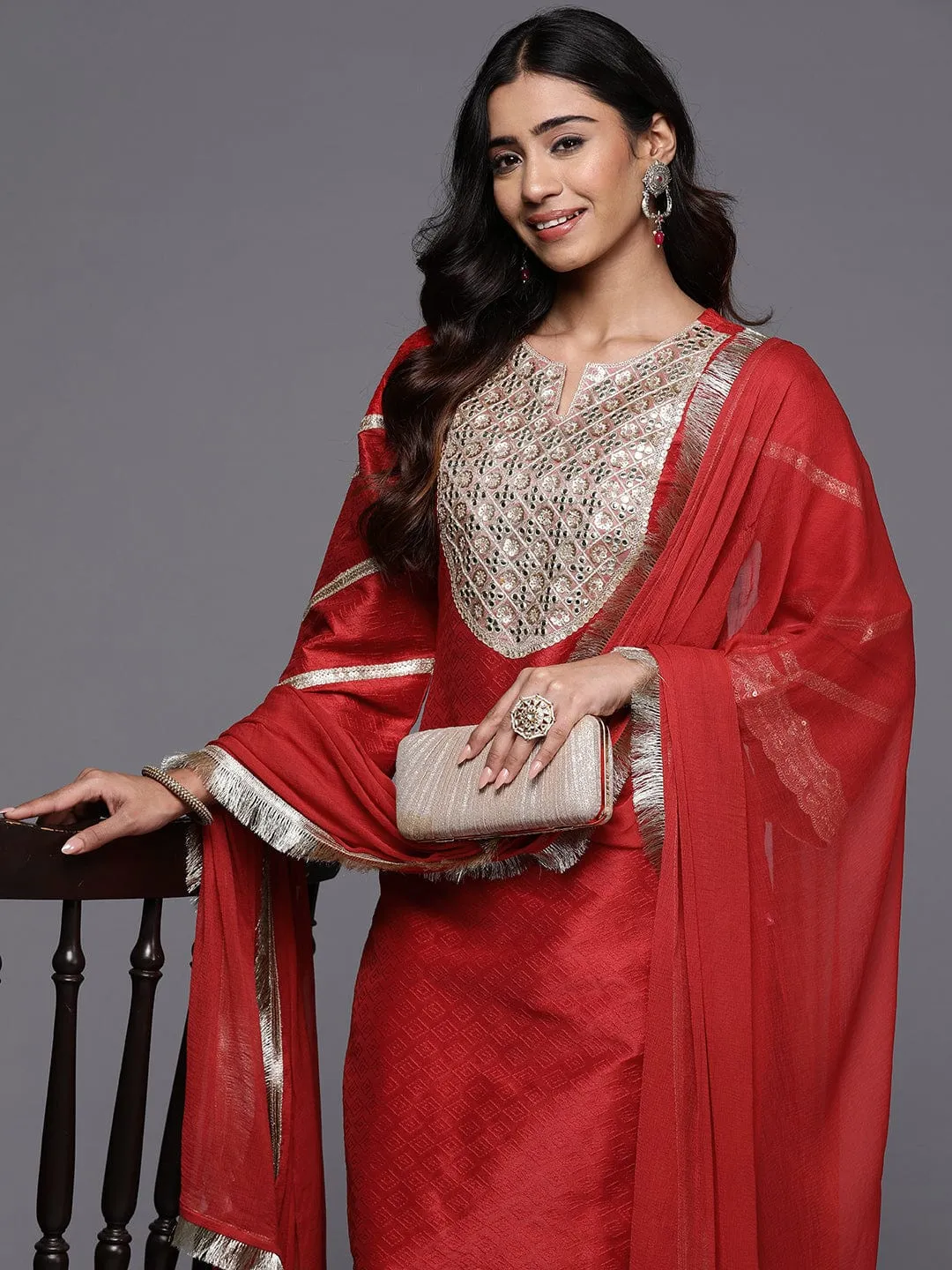 Red Embroidered Silk Suit Set With Dupatta