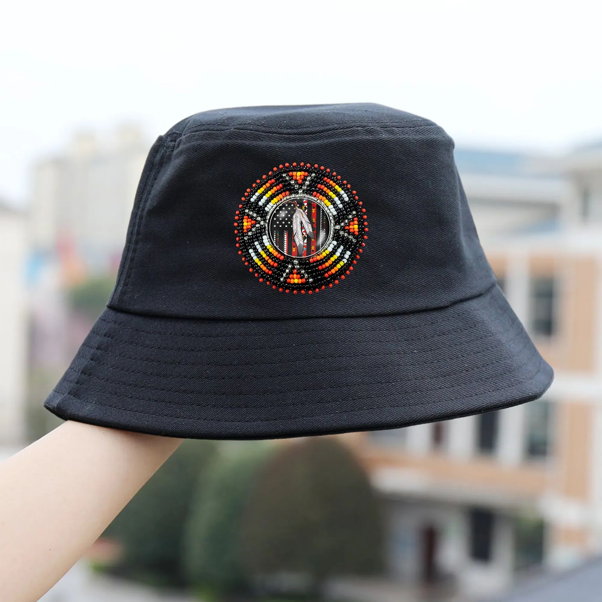 SALE 50% OFF - Native Flag Sunburst Beaded Unisex Cotton Bucket Hat with Native American