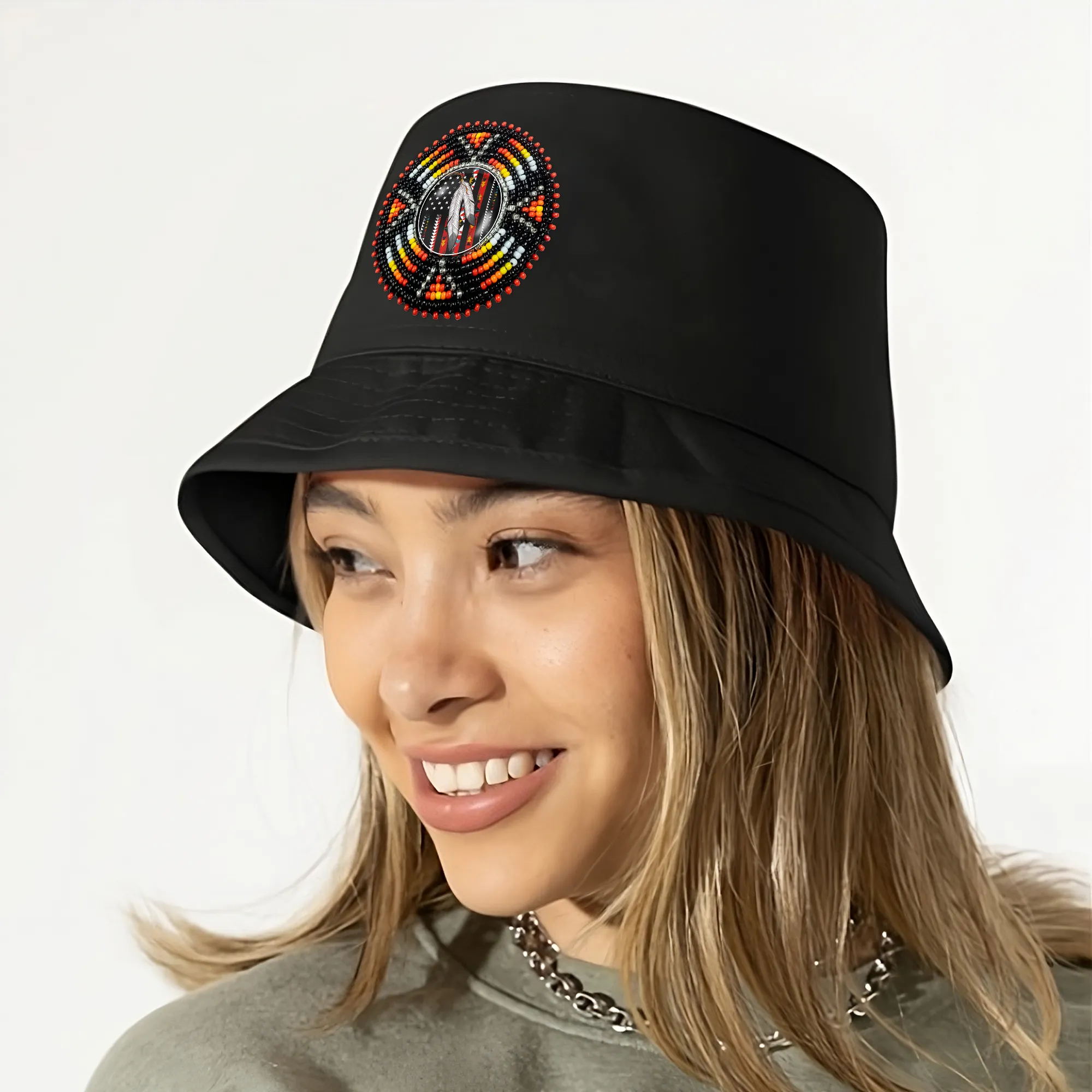 SALE 50% OFF - Native Flag Sunburst Beaded Unisex Cotton Bucket Hat with Native American