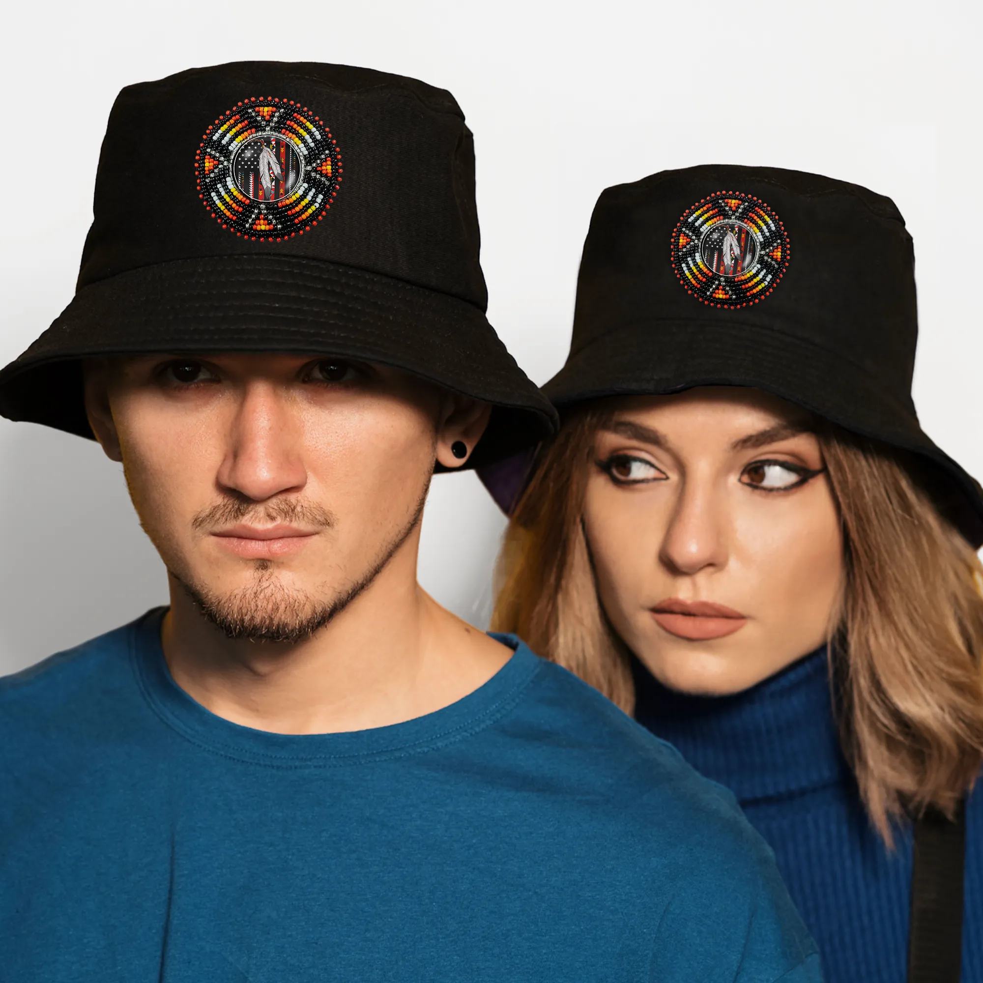 SALE 50% OFF - Native Flag Sunburst Beaded Unisex Cotton Bucket Hat with Native American