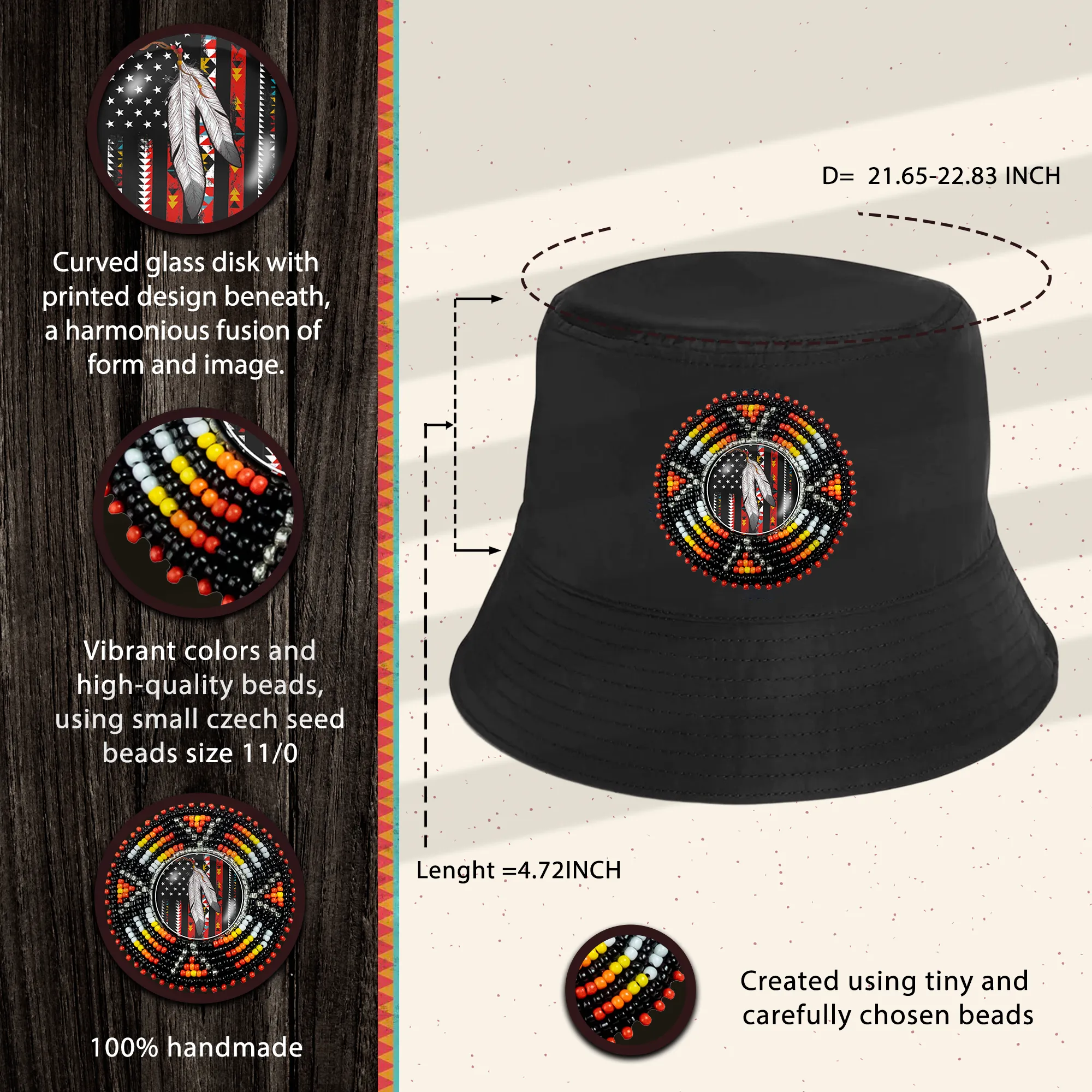 SALE 50% OFF - Native Flag Sunburst Beaded Unisex Cotton Bucket Hat with Native American