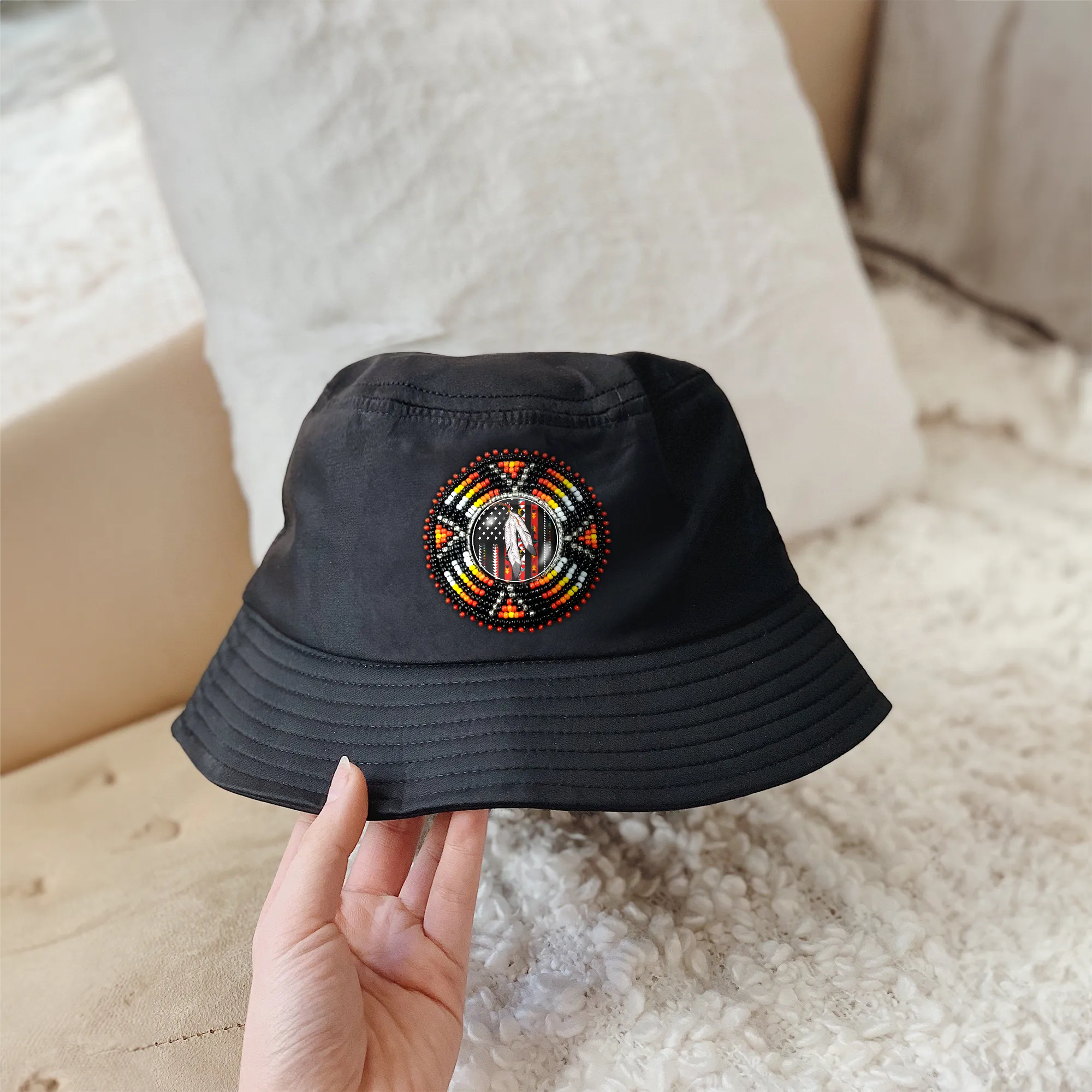 SALE 50% OFF - Native Flag Sunburst Beaded Unisex Cotton Bucket Hat with Native American