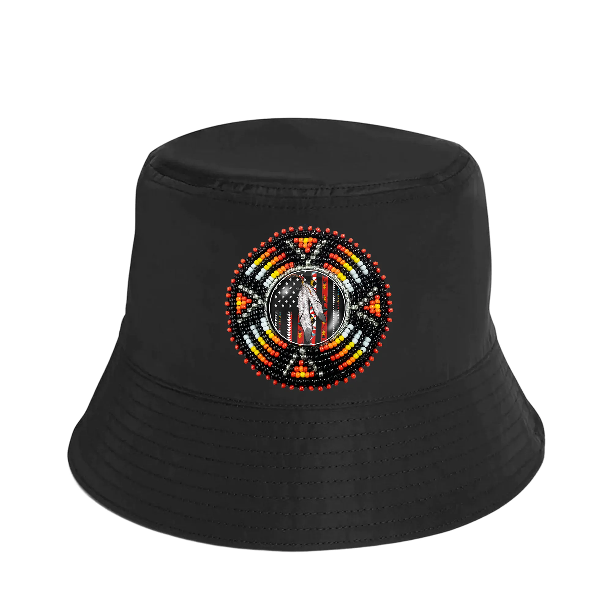 SALE 50% OFF - Native Flag Sunburst Beaded Unisex Cotton Bucket Hat with Native American