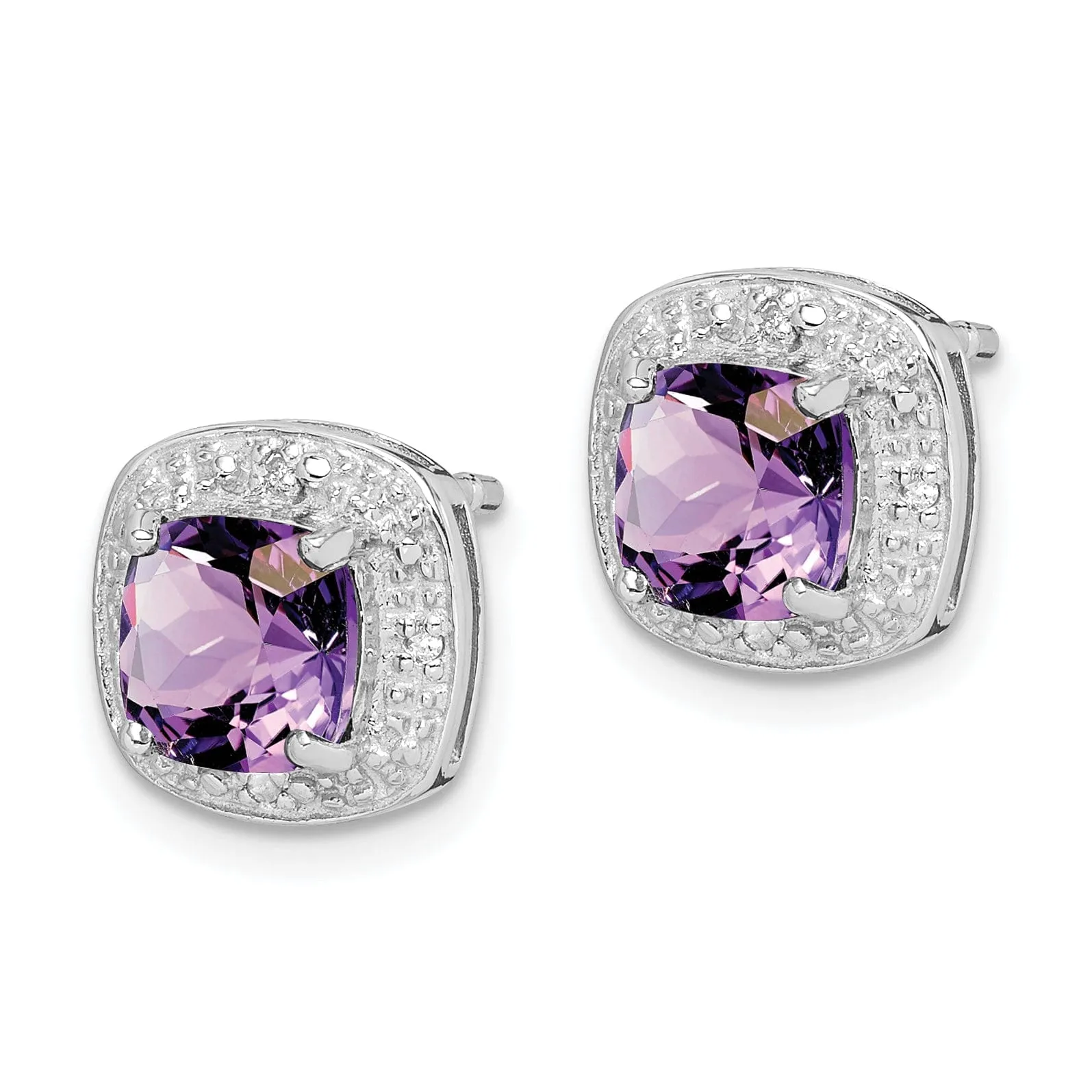 Silver Purple Amethyst Diamond Post Earrings