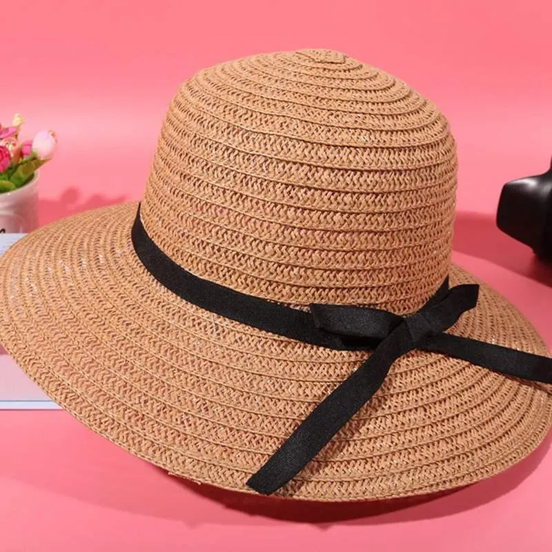 Summer Women Straw Hat Bowknot Wide Brim Floppy Panama Hats Female Lady Outdoor Foldable Beach Sun Cap