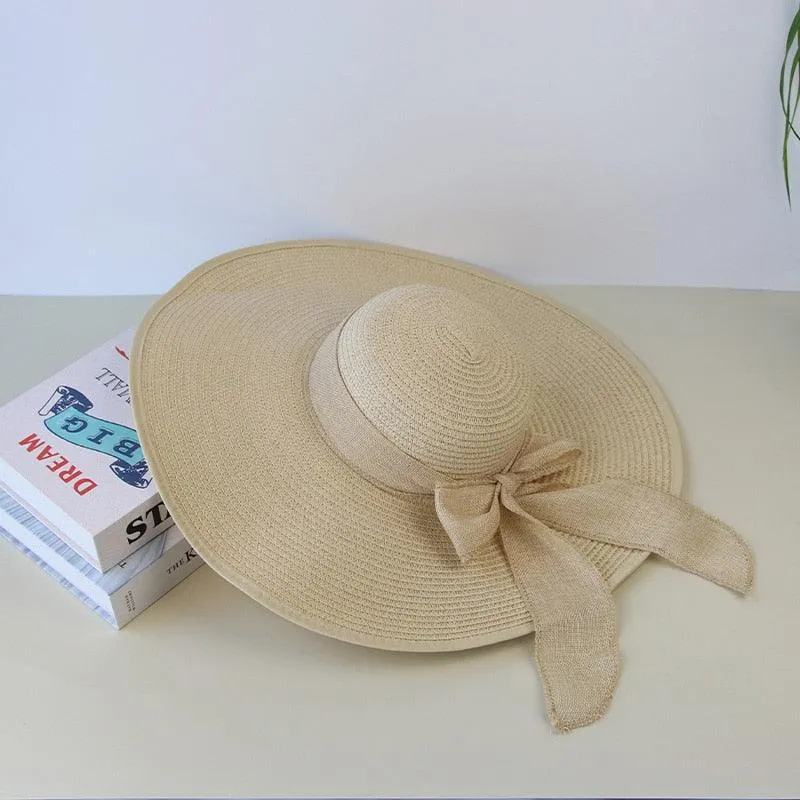 Summer Women Straw Hat Bowknot Wide Brim Floppy Panama Hats Female Lady Outdoor Foldable Beach Sun Cap