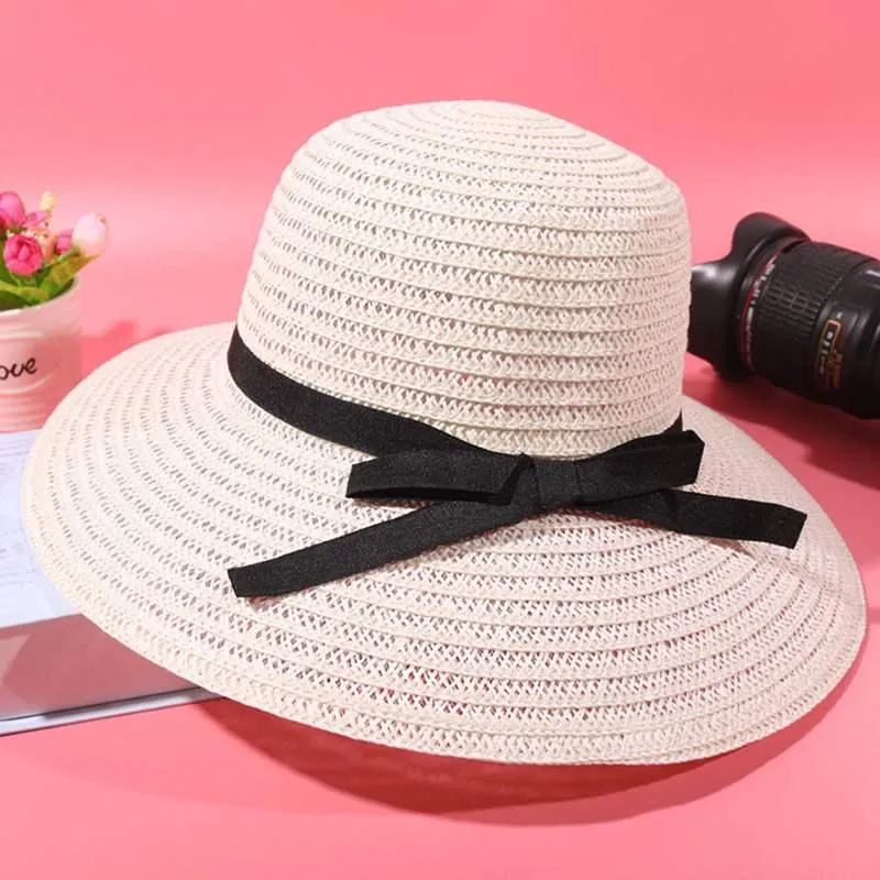 Summer Women Straw Hat Bowknot Wide Brim Floppy Panama Hats Female Lady Outdoor Foldable Beach Sun Cap