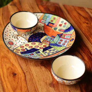 'The Hut Platter Pack' Handpainted Ceramic Plate With Serving Bowls Set