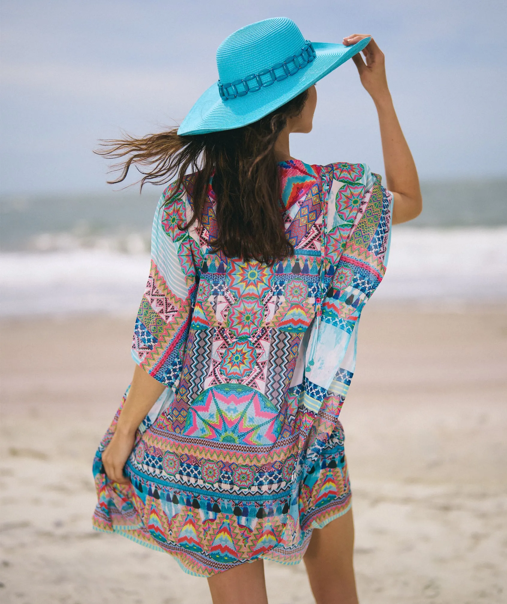 Turquoise Wide Brim Hat with Tonal Bead Embellishment