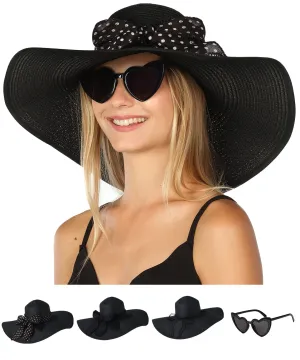 Wide Brim Sun Hats for Women - Floppy Straw Hat with Heart Shape Glasses - Foldable Large Summer Hat - Big Roll Up Beach Cap - UPF 50  ( Black ) - FUNCREDIBLE