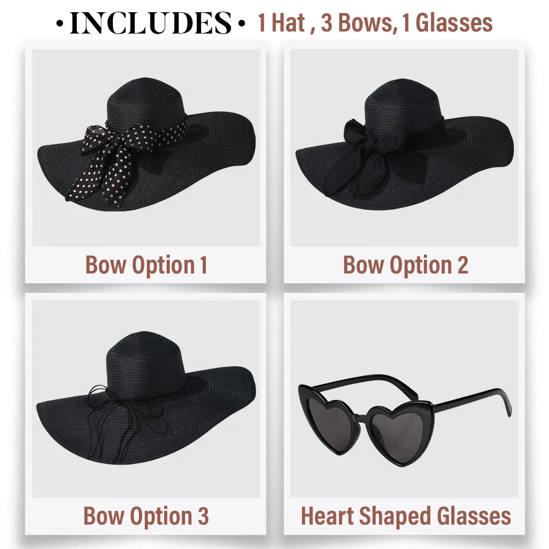 Wide Brim Sun Hats for Women - Floppy Straw Hat with Heart Shape Glasses - Foldable Large Summer Hat - Big Roll Up Beach Cap - UPF 50  ( Black ) - FUNCREDIBLE