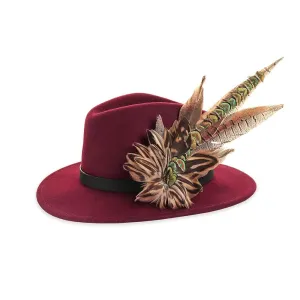 Wine Fedora with Mallard and Peacock Pin