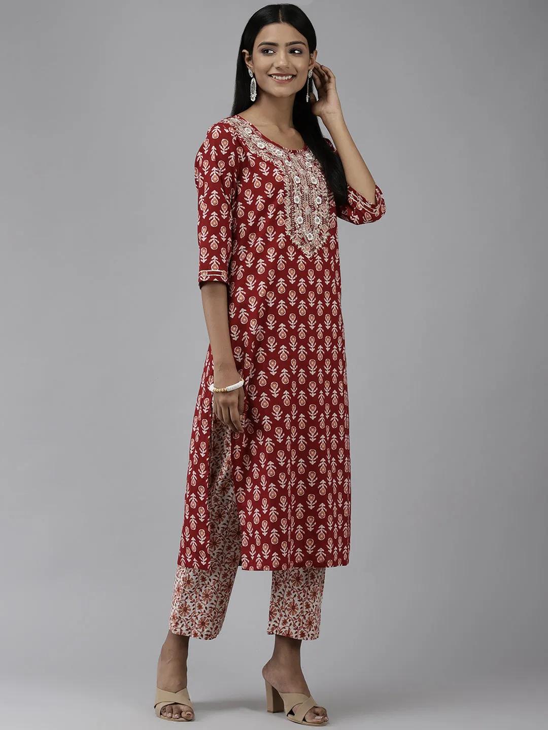 Women Maroon Ethnic Motifs Pure Cotton Kurta With Palazzos With Dupatta