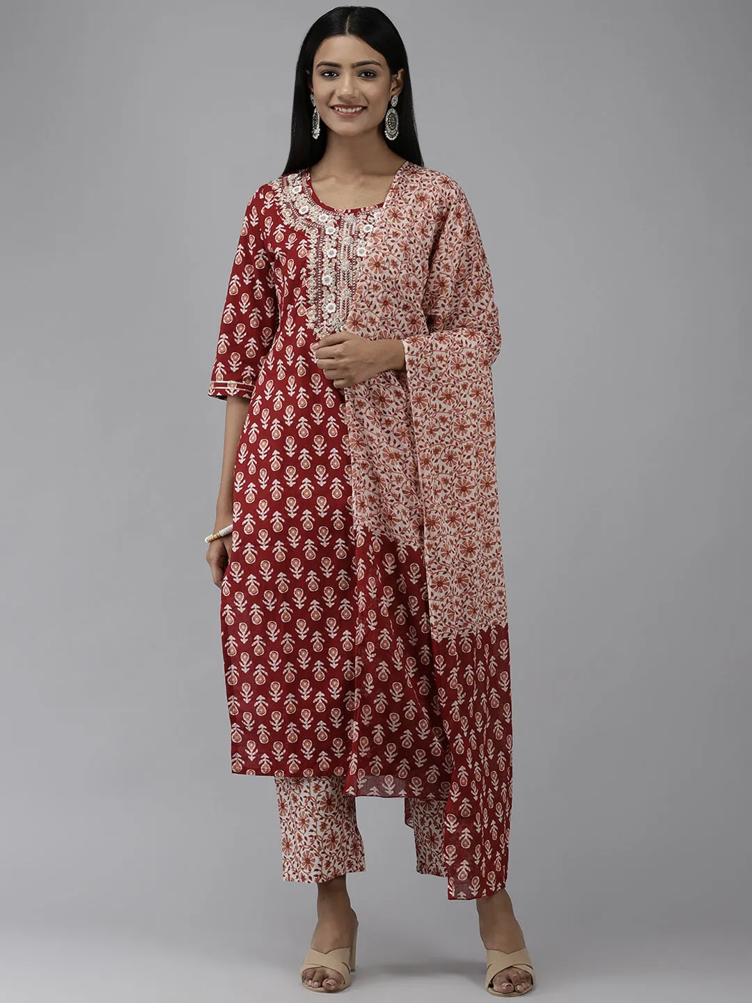 Women Maroon Ethnic Motifs Pure Cotton Kurta With Palazzos With Dupatta