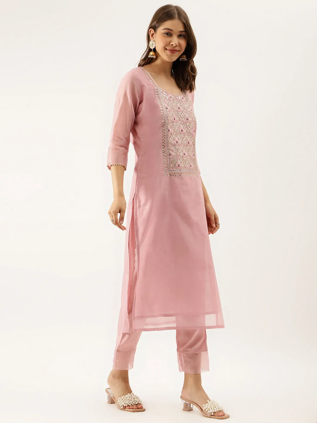 Women Pink Embroidered Chanderi Kurta with trouser & Organza Dupatta