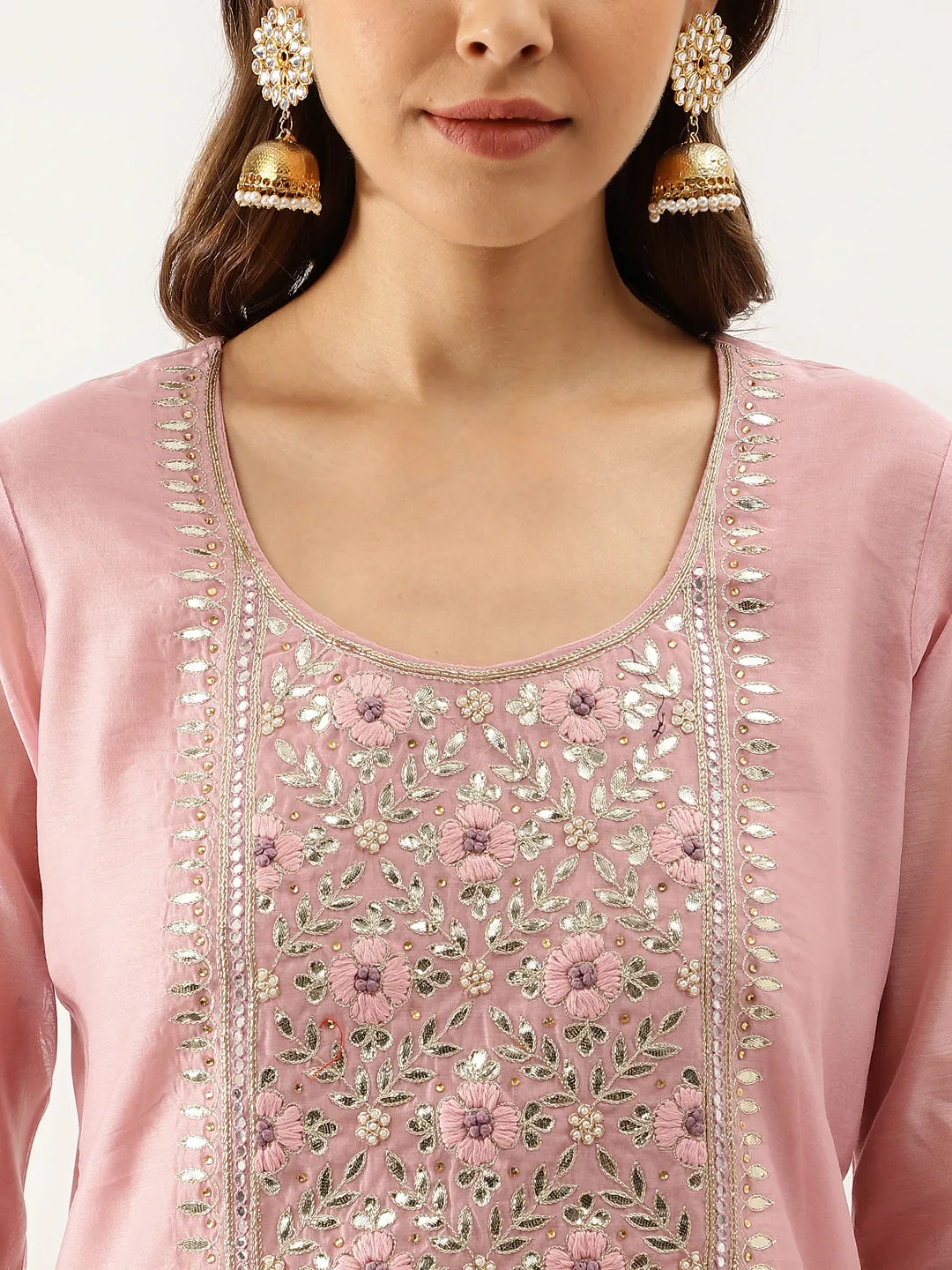 Women Pink Embroidered Chanderi Kurta with trouser & Organza Dupatta