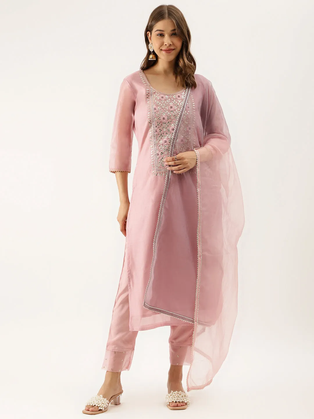 Women Pink Embroidered Chanderi Kurta with trouser & Organza Dupatta