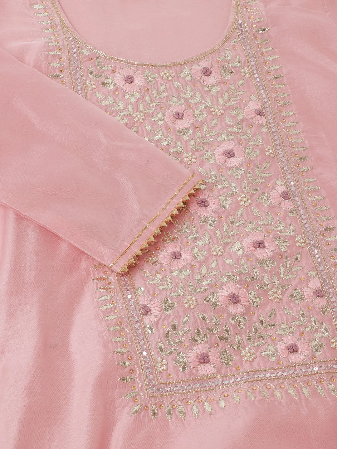 Women Pink Embroidered Chanderi Kurta with trouser & Organza Dupatta