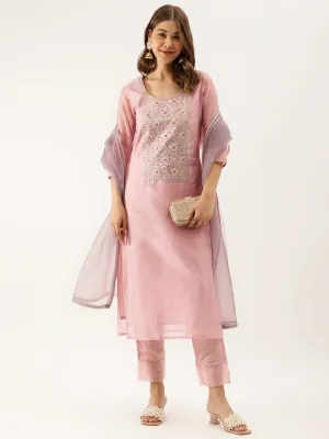 Women Pink Embroidered Chanderi Kurta with trouser & Organza Dupatta