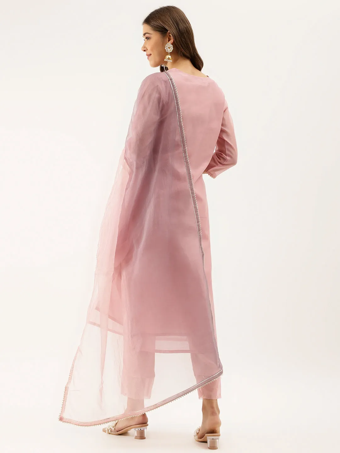 Women Pink Embroidered Chanderi Kurta with trouser & Organza Dupatta