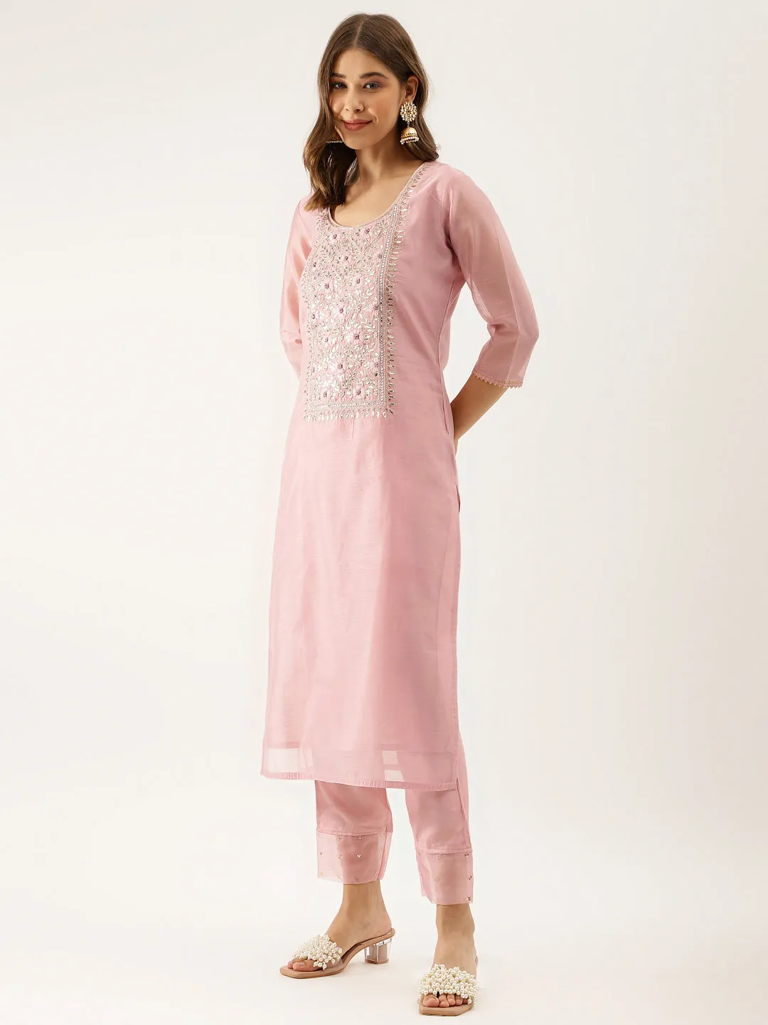 Women Pink Embroidered Chanderi Kurta with trouser & Organza Dupatta