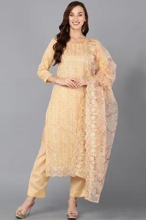 Yellow Organza Ethnic Motifs Straight Suit Set