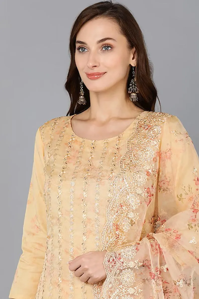 Yellow Organza Ethnic Motifs Straight Suit Set