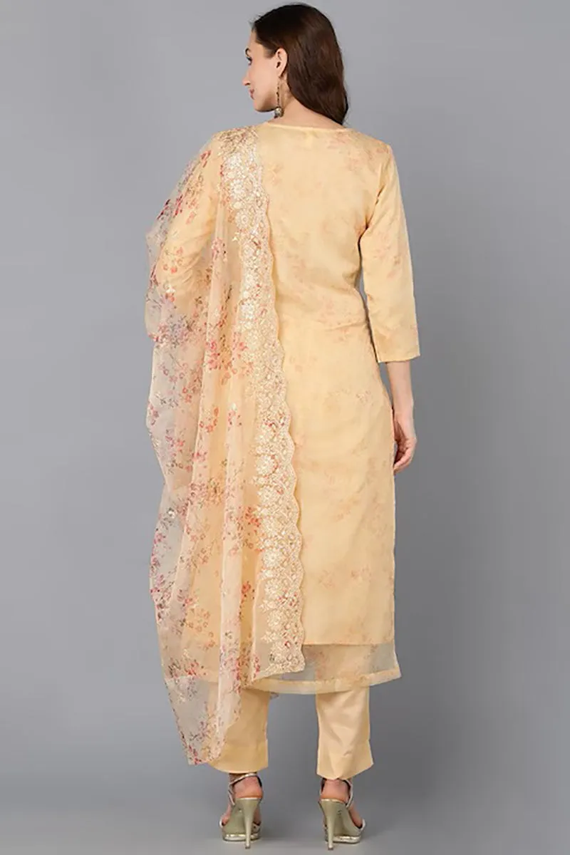 Yellow Organza Ethnic Motifs Straight Suit Set