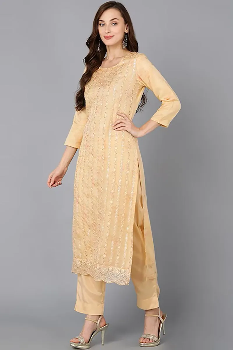 Yellow Organza Ethnic Motifs Straight Suit Set